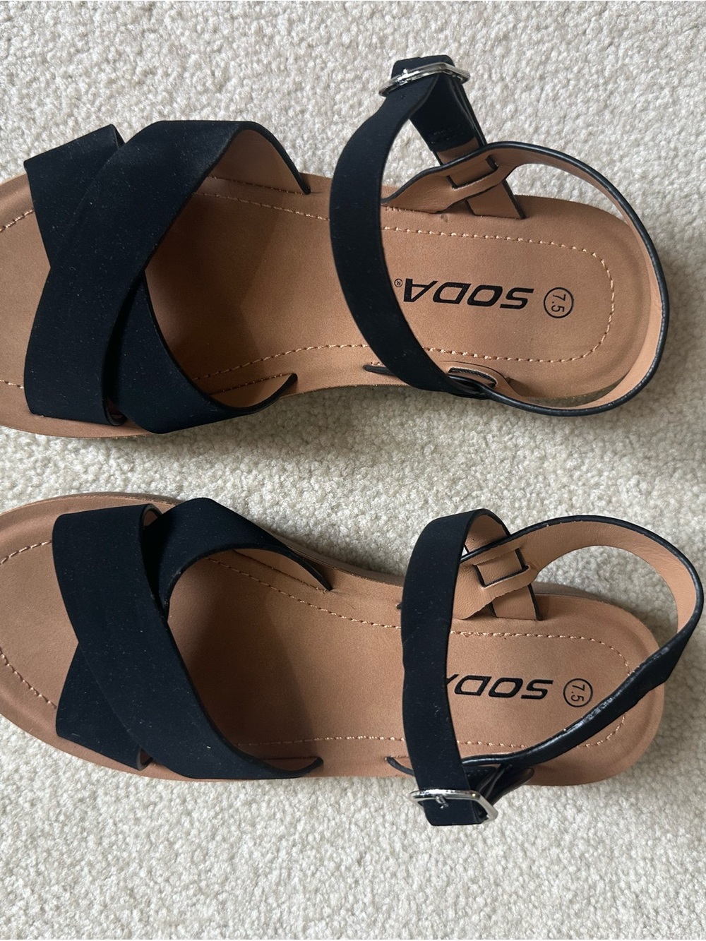 Soda Black Strappy Crossband Ankle Buckle Sandals sz.7.5 plus Roxy sandals sz. 8